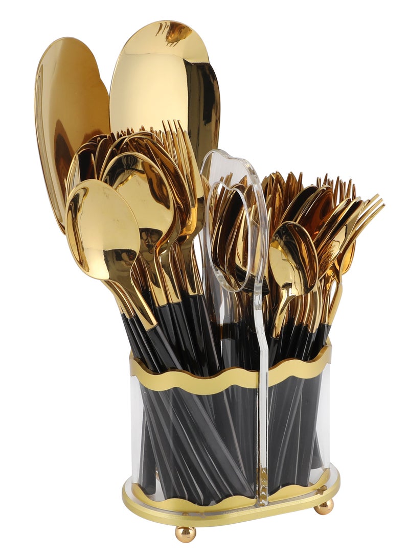 Life Smile - LIFE SMILE 63-Piece 18/10 Stainless Steel Spoon Cutlery Set Includes Knife and Forks With Cutlery Holder Tea And Ice Spoons Dinner And Cake Fork, Fruit Knife, Soup Ladle, Rice Server (SHINY GOLD HEAD & SHINY BLACK HANDLE) - Image 1