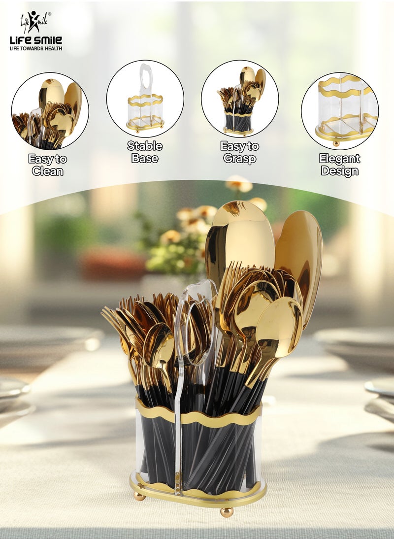 Life Smile - LIFE SMILE 63-Piece 18/10 Stainless Steel Spoon Cutlery Set Includes Knife and Forks With Cutlery Holder Tea And Ice Spoons Dinner And Cake Fork, Fruit Knife, Soup Ladle, Rice Server (SHINY GOLD HEAD & SHINY BLACK HANDLE) - Image 1