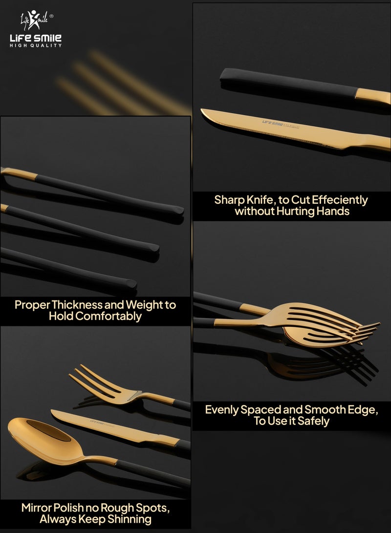 Life Smile LIFE SMILE 63-Piece 18/10 Stainless Steel Spoon Cutlery Set Includes Knife and Forks With Cutlery Holder Tea And Ice Spoons Dinner And Cake Fork, Fruit Knife, Soup Ladle, Rice Server (SHINY GOLD HEAD & SHINY BLACK HANDLE)  - Image 5