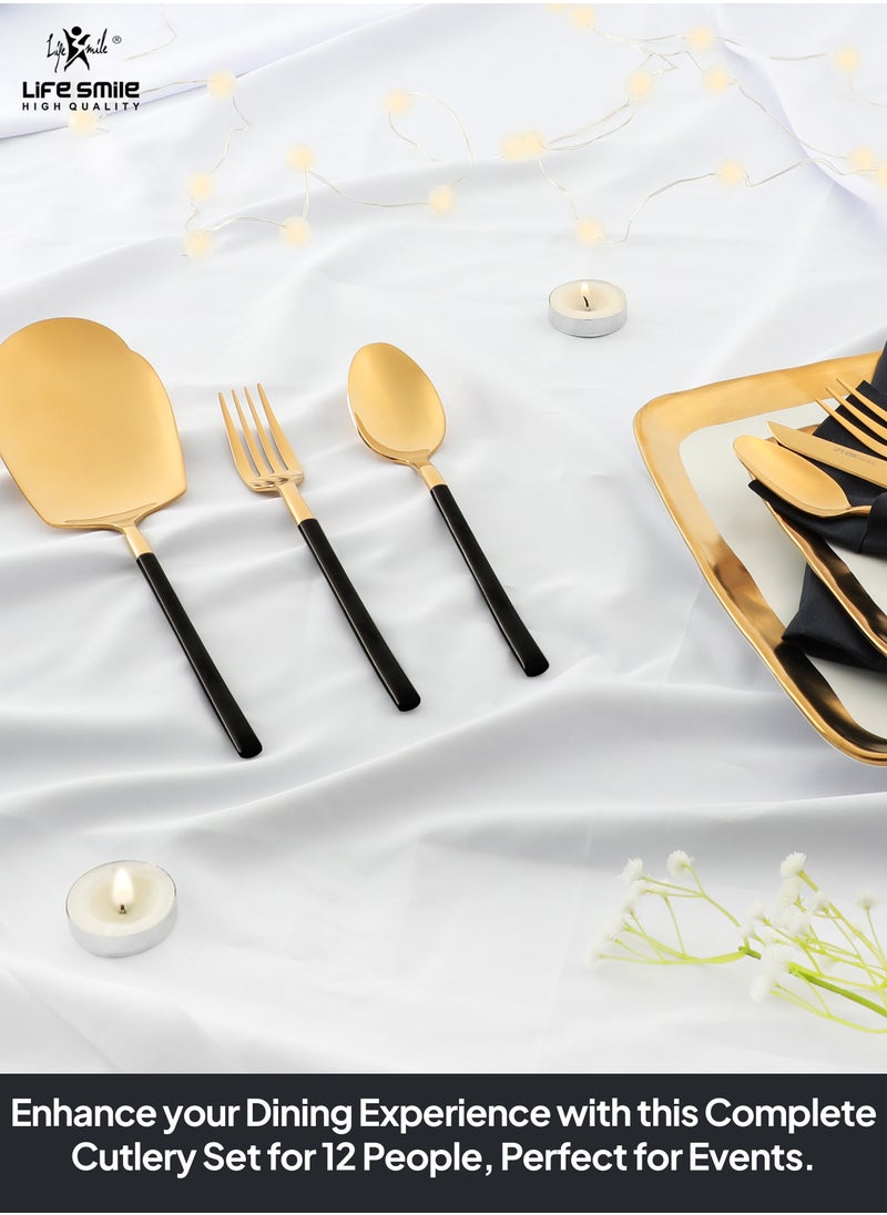 Life Smile - LIFE SMILE 63-Piece 18/10 Stainless Steel Spoon Cutlery Set Includes Knife and Forks With Cutlery Holder Tea And Ice Spoons Dinner And Cake Fork, Fruit Knife, Soup Ladle, Rice Server (SHINY GOLD HEAD & SHINY BLACK HANDLE) - Image 1