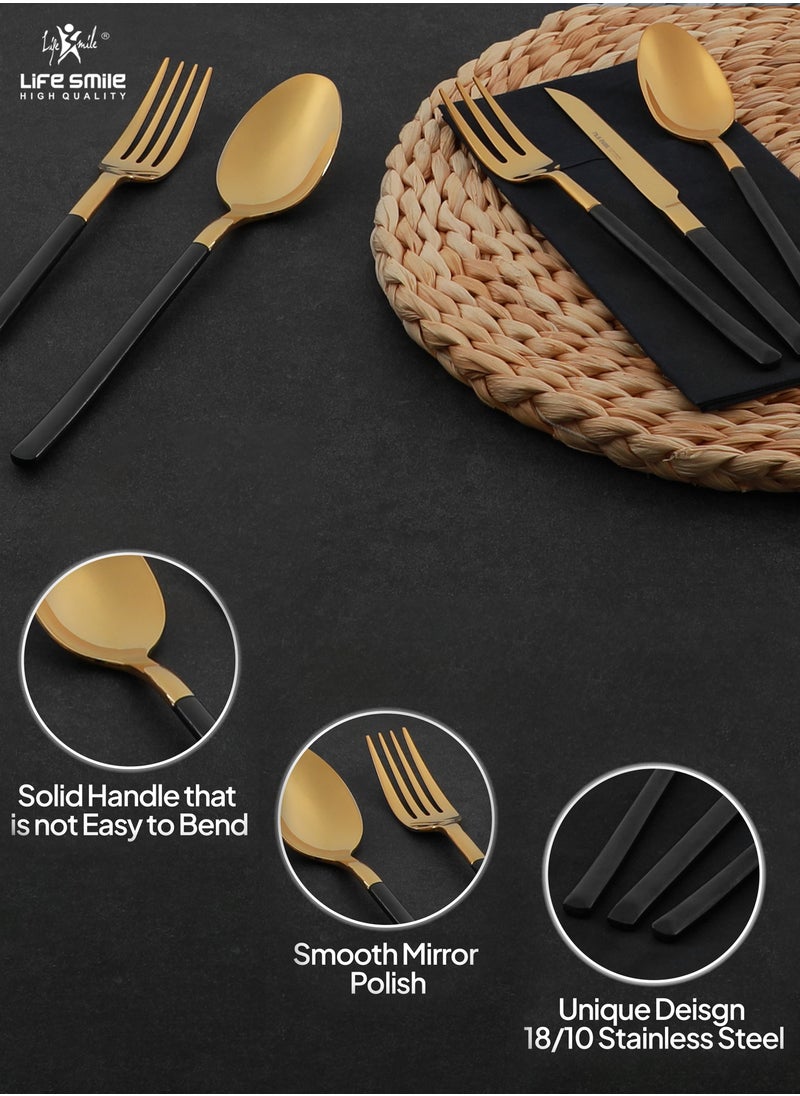 Life Smile - LIFE SMILE 63-Piece 18/10 Stainless Steel Spoon Cutlery Set Includes Knife and Forks With Cutlery Holder Tea And Ice Spoons Dinner And Cake Fork, Fruit Knife, Soup Ladle, Rice Server (SHINY GOLD HEAD & SHINY BLACK HANDLE) - Image 1