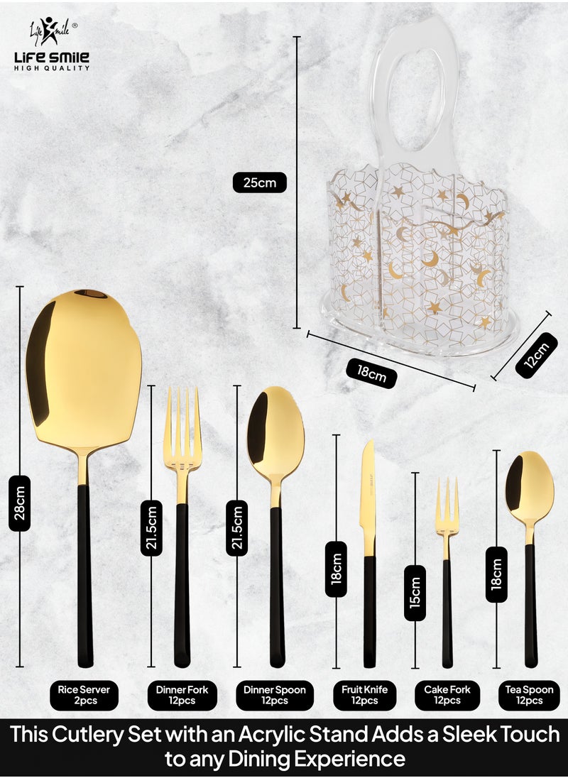Life Smile - LIFE SMILE 63-Piece 18/10 Stainless Steel Spoon Cutlery Set Includes Knife and Forks With Cutlery Holder Tea And Ice Spoons Dinner And Cake Fork, Fruit Knife, Soup Ladle, Rice Server (SHINY GOLD HEAD & SHINY BLACK HANDLE) - Image 1