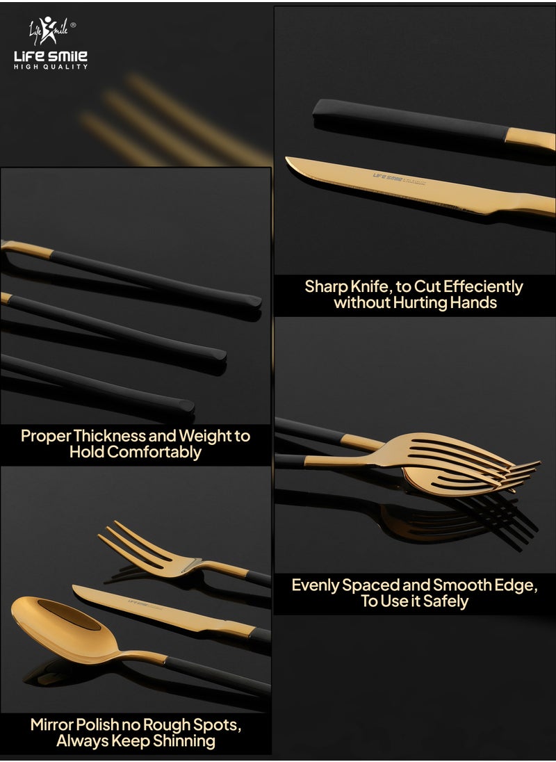 Life Smile - LIFE SMILE 63-Piece 18/10 Stainless Steel Spoon Cutlery Set Includes Knife and Forks With Cutlery Holder Tea And Ice Spoons Dinner And Cake Fork, Fruit Knife, Soup Ladle, Rice Server (SHINY GOLD HEAD & SHINY BLACK HANDLE) - Image 1