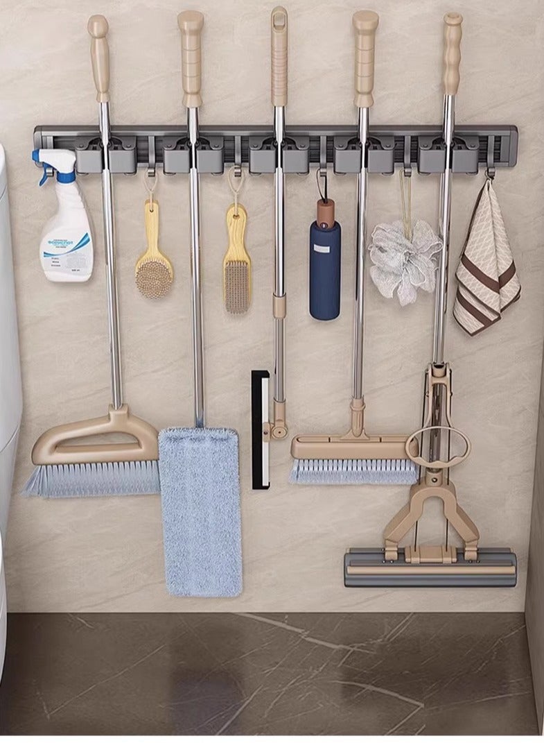 No Hole Required Mop Hook Holder Bathroom, Kitchen Durable Fixed Rack Mop Holder Wall Mounted Hanger, Easy to Store Installation Tool, 4 Clips, 5 Hooks, Gray - Image 2