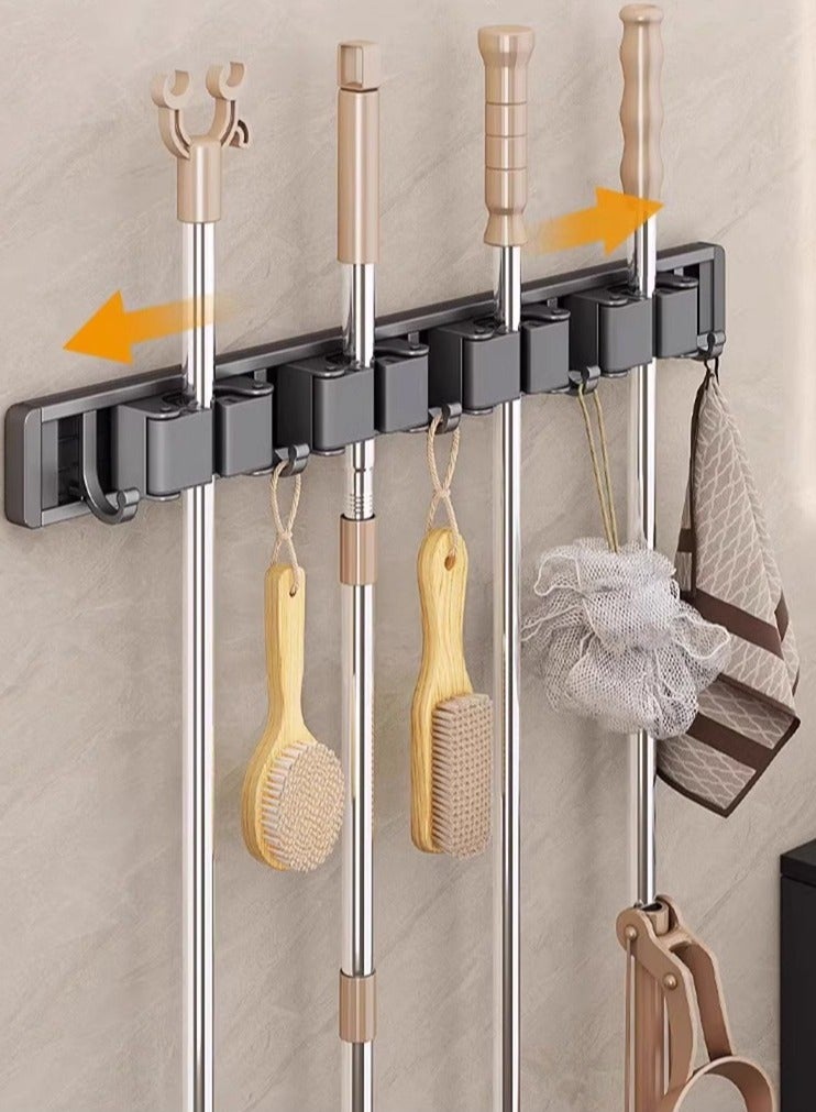 No Hole Required Mop Hook Holder Bathroom, Kitchen Durable Fixed Rack Mop Holder Wall Mounted Hanger, Easy to Store Installation Tool, 4 Clips, 5 Hooks, Gray - Image 4