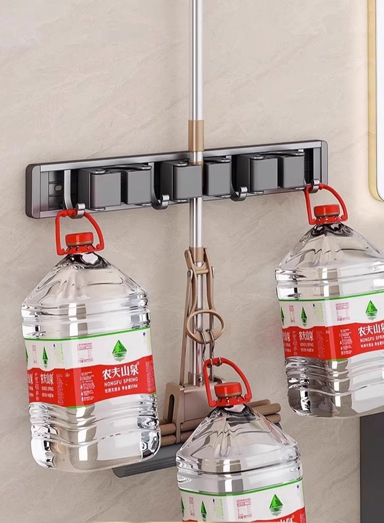No Hole Required Mop Hook Holder Bathroom, Kitchen Durable Fixed Rack Mop Holder Wall Mounted Hanger, Easy to Store Installation Tool, 4 Clips, 5 Hooks, Gray - Image 5