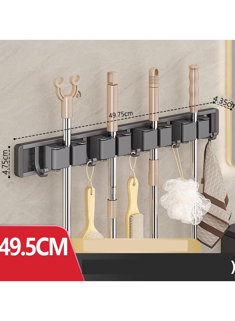 No Hole Required Mop Hook Holder Bathroom, Kitchen Durable Fixed Rack Mop Holder Wall Mounted Hanger, Easy to Store Installation Tool, 4 Clips, 5 Hooks, Gray - Image 1