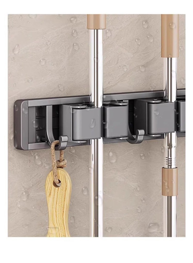 No Hole Required Mop Hook Holder Bathroom, Kitchen Durable Fixed Rack Mop Holder Wall Mounted Hanger, Easy to Store Installation Tool, 4 Clips, 5 Hooks, Gray - Image 3