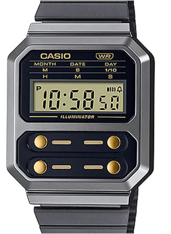 CASIO ساعة للجنسين كلاسيكية رقمية بمينا أسود وبسوار ستانلس ستيل A100WEGG-1A2DF  - Image 3