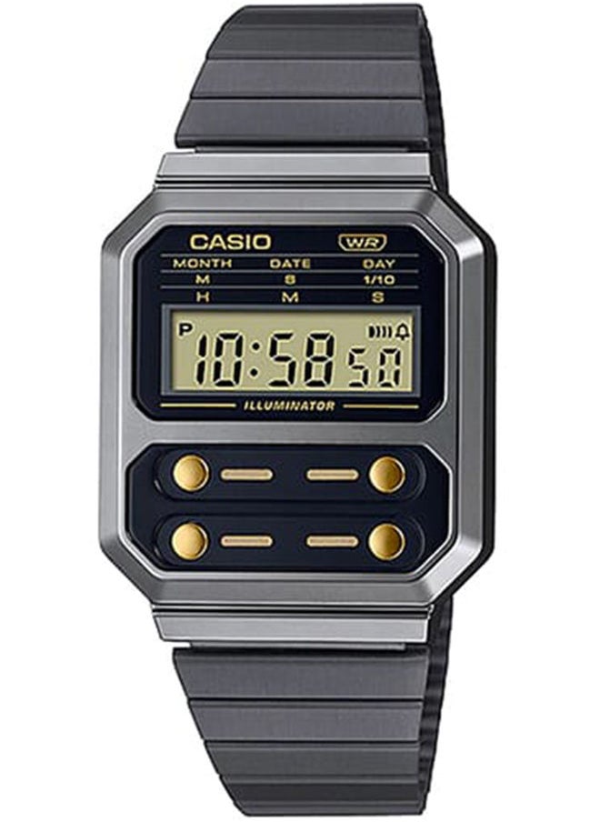 CASIO ساعة للجنسين كلاسيكية رقمية بمينا أسود وبسوار ستانلس ستيل A100WEGG-1A2DF  - Image 1