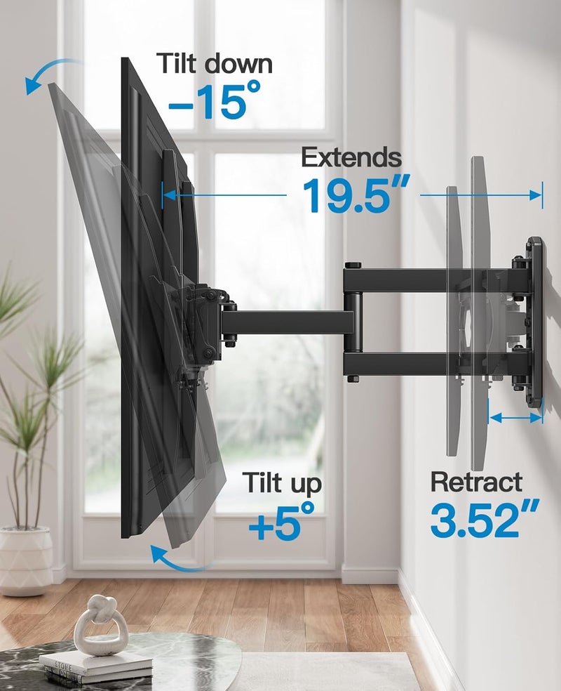 Pipishell Full Motion TV Wall Mount for 26-65 Inch Flat Curved TVs, Heavy Duty Single Articulating Arms, Corner TV Mount Up to VESA 400x400mm and 77lbs, Support Swivel, Tilt, Level Adjustment - Image 5