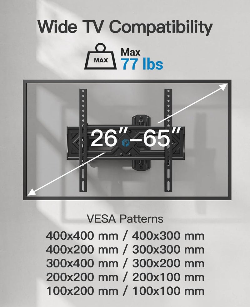 Pipishell Full Motion TV Wall Mount for 26-65 Inch Flat Curved TVs, Heavy Duty Single Articulating Arms, Corner TV Mount Up to VESA 400x400mm and 77lbs, Support Swivel, Tilt, Level Adjustment - Image 2