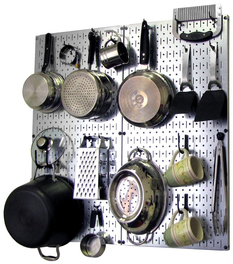 Wall Control Kitchen Pegboard Organizer Pots and Pans Storage Rack Organization Kit with Metallic Silver Pegboard and Black Accessories - Image 1