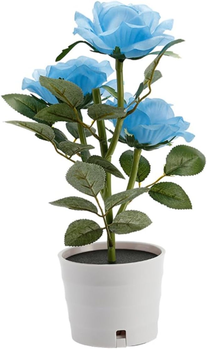 Solar Rose Flower Lights Blue Artificial Flower Pot with Solar Power Decorative Nightlight for Home Garden Party Decor - Image 1