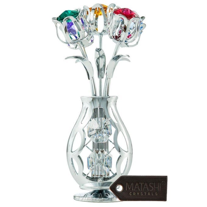 CHROME PLATED FLOWERS BOUQUET AND VASE ORNAMENT WITH COLORFUL CRYSTALS HOME DECORATIVE TABLETOP SHOWPIECE FOR LIVING ROOM BEDROOM GIFT FOR CHRISTMAS VALENTINE'S DAY MOTHER'S DAY BIRTHDAY
