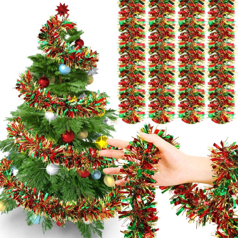 Dilunave 40 Feet Christmas Tinsel Garland Metallic Foil Twist Tinsel Garland Decoration for Christmas Tree Wedding Birthday and Party Hanging DecorationsRed Green Gold