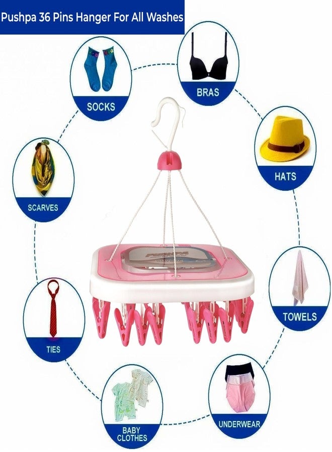 YUIOP - Pushpa Smart Plastic Cloth Drying Hanger - Multipurpose Round Clip Hanger, Cloth Clips & Hanger for Drying Clothes (Pink, Pushpa 36 Clips) - Image 3