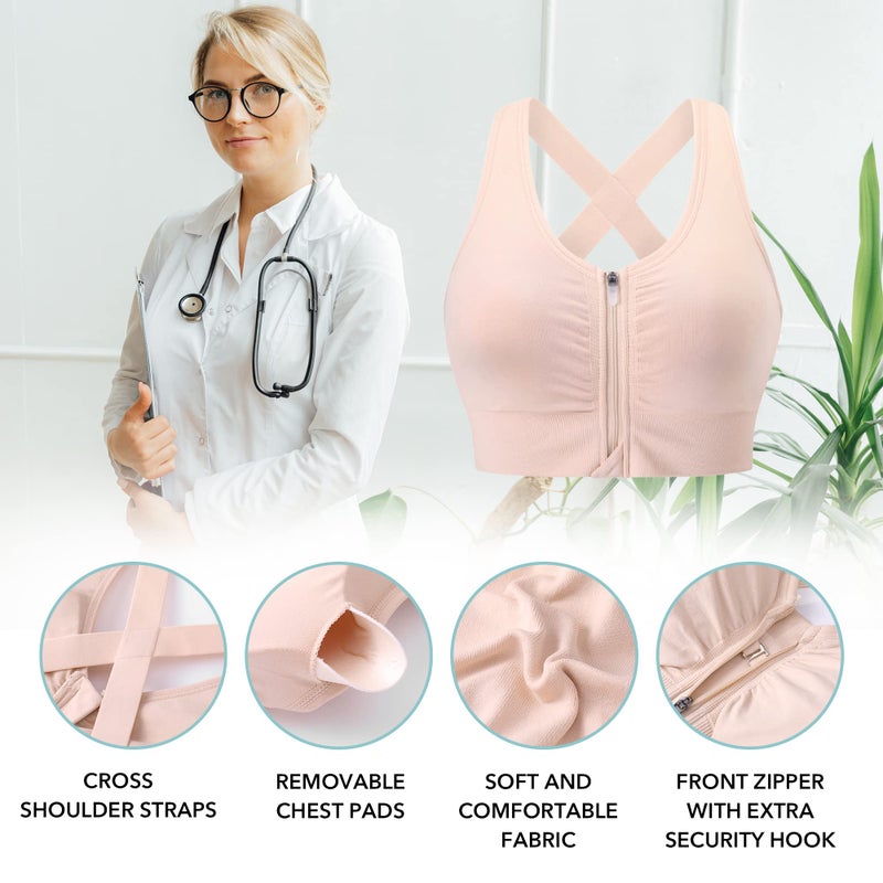 Evercute Zip Front Post-Surgery Bra Women's Wireless Sports Bras Padded Strappy Medium Support Yoga Exercise Athletic Bras - Image 2