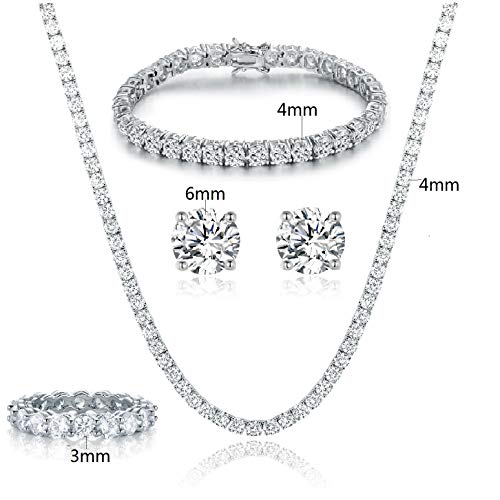 Gemsme 18K White Gold Plated Tennis Necklace/Bracelet/Earrings/Band Ring Sets Hypoallergenic Jewelry Pack of 4 (5) - Image 2