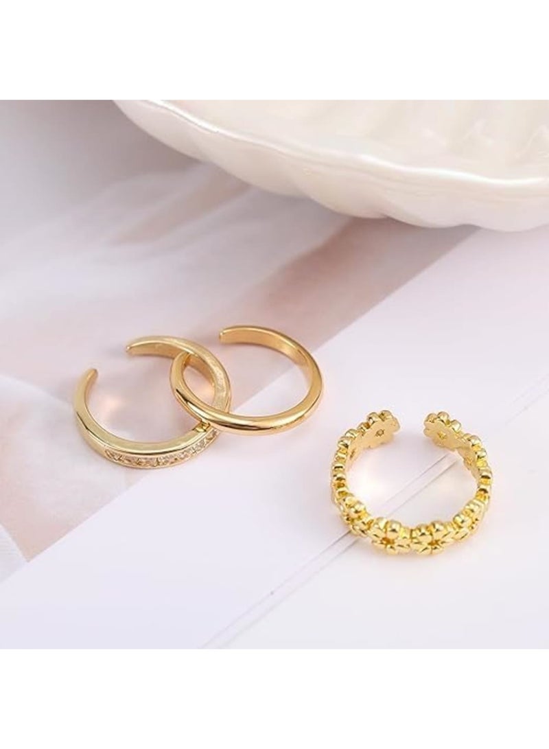 Barakah Adjustable Toe Rings Set for Women | Non-Tarnish Gold-Filled No Fading | 3 Styles: Flower, Diamond, Plain | Open Toe Rings for Summer Beach Jewelry | Foot Accessories (3PCS,Gold) - Image 3