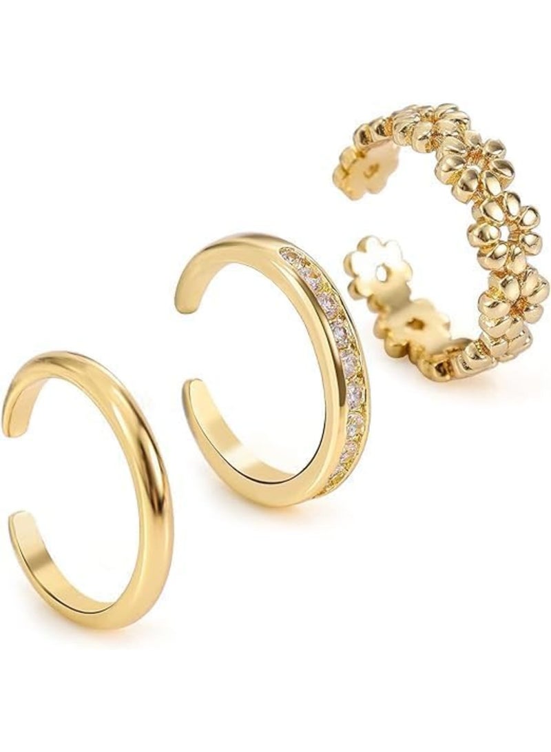Barakah Adjustable Toe Rings Set for Women | Non-Tarnish Gold-Filled No Fading | 3 Styles: Flower, Diamond, Plain | Open Toe Rings for Summer Beach Jewelry | Foot Accessories (3PCS,Gold) - Image 1