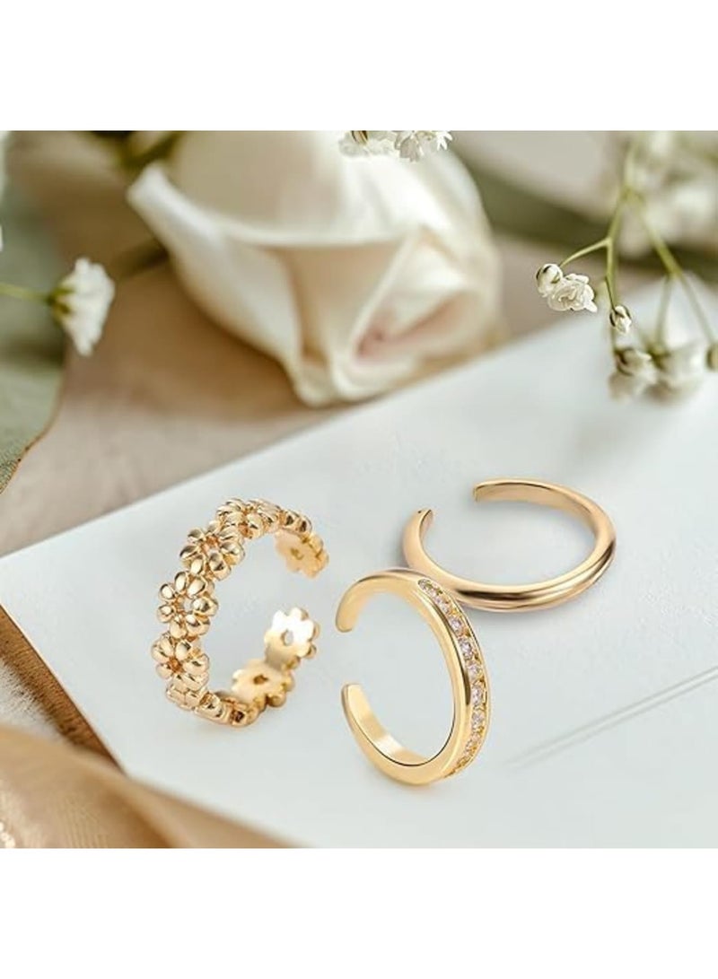 Barakah Adjustable Toe Rings Set for Women | Non-Tarnish Gold-Filled No Fading | 3 Styles: Flower, Diamond, Plain | Open Toe Rings for Summer Beach Jewelry | Foot Accessories (3PCS,Gold) - Image 2