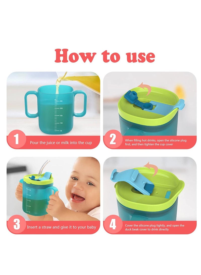 Excefore - Toddler Sippy Cups Drinks Water Bottles Trainer Cup with Handles Spill-proof for Toddlers 6 Months+ Children's Milk Scale Children Portable Reusable (Green 250ml) - Image 1
