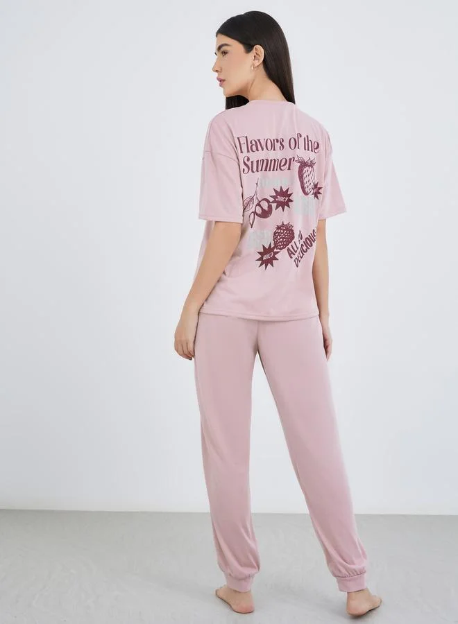 Styli Styli Graphic Print Short Sleeve T-Shirt and Pyjama Set