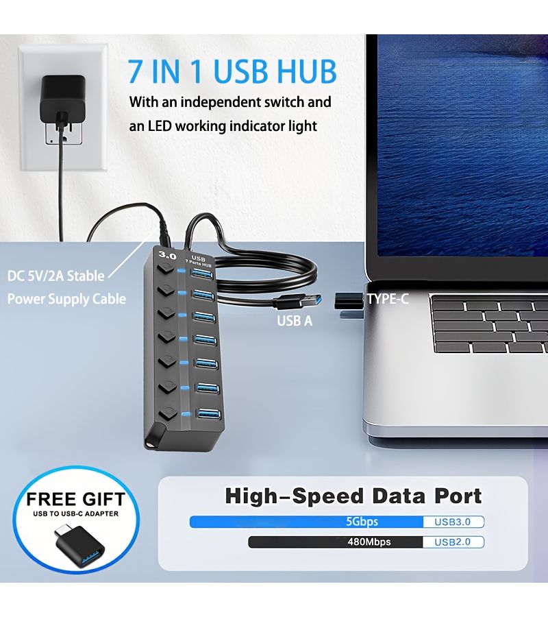 3pcs 47.24inch 7 Port USB 3.0 Extender Hub with 2A Cable and USB C Adapter Smartphone Tablet Converter Independent Switches LED Work Indicator For MacBook Pro iPad Pro Laptops USB Drives Flash Drives Hard Drives Consoles - Image 3