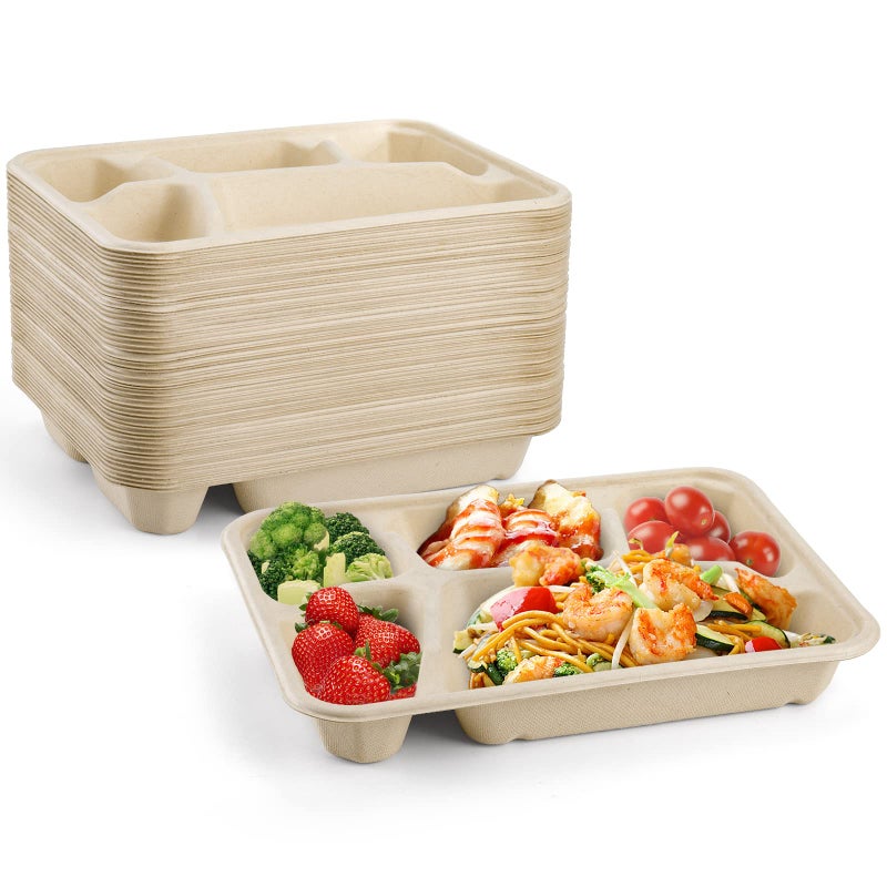 Elsjoy 50 Pack 5Compartment Disposable Plates 11 x 8 Compostable School Lunch Tray Divided Paper Plates Sectional Plate Paper Tray for School Party Made of Sugar Cane Fiber