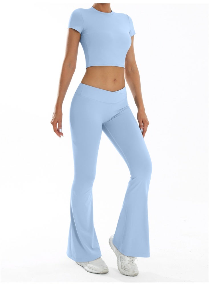 general 2 Pieces Yoga Set Gym Sportswear Workout Clothes Sport Flared Leggings Short Sleeve Tracksuits - Image 3