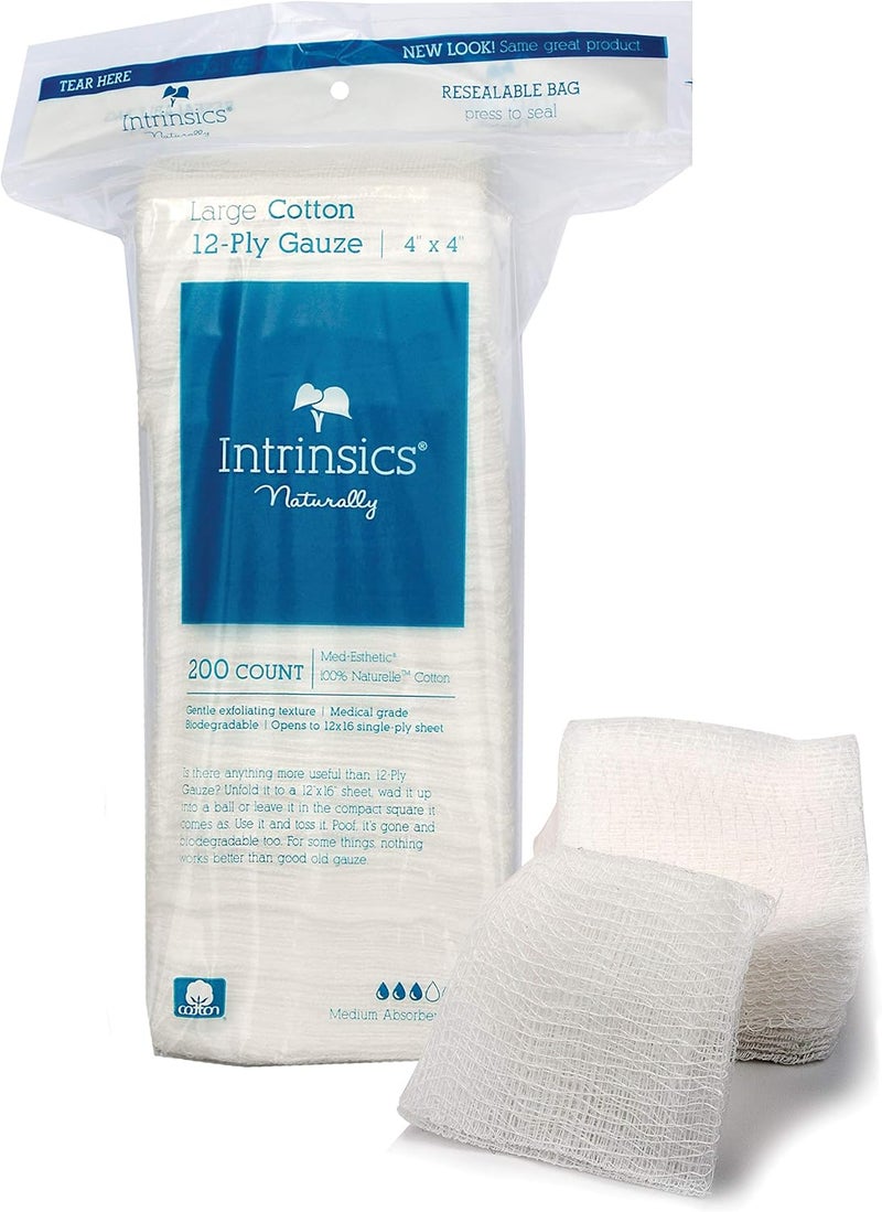 INTRINSICS 401423 Med-Esthetic 100% Cotton Large 12-Ply Gauze 4"x 4" - 200 Count