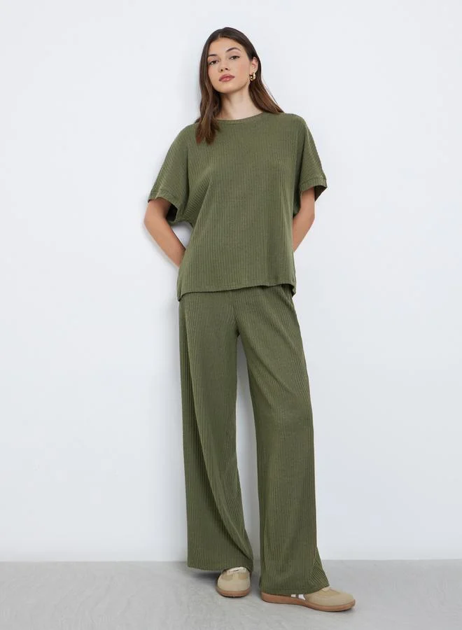 Styli Styli Olive Oversized Ribbed T-Shirt and Pants Co-Ords