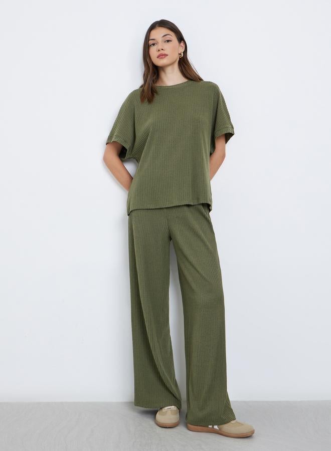 Styli Olive Oversized Ribbed T-Shirt and Pants Co-Ords - Image 1