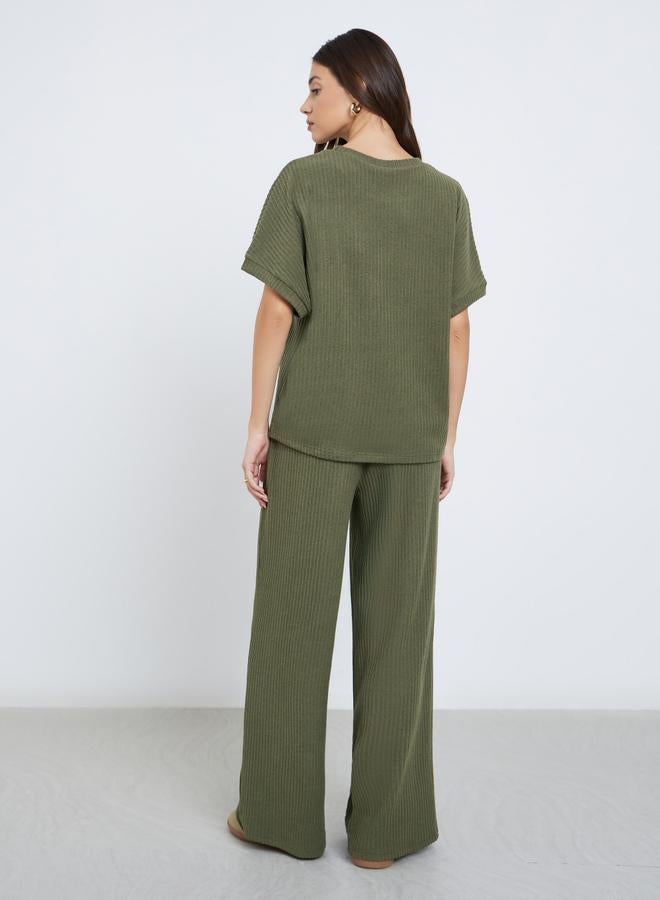 Styli Olive Oversized Ribbed T-Shirt and Pants Co-Ords - Image 4