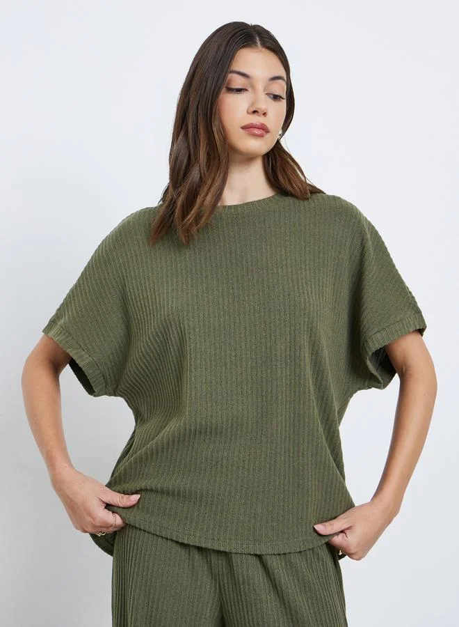 Styli Styli Olive Oversized Ribbed T-Shirt and Pants Co-Ords