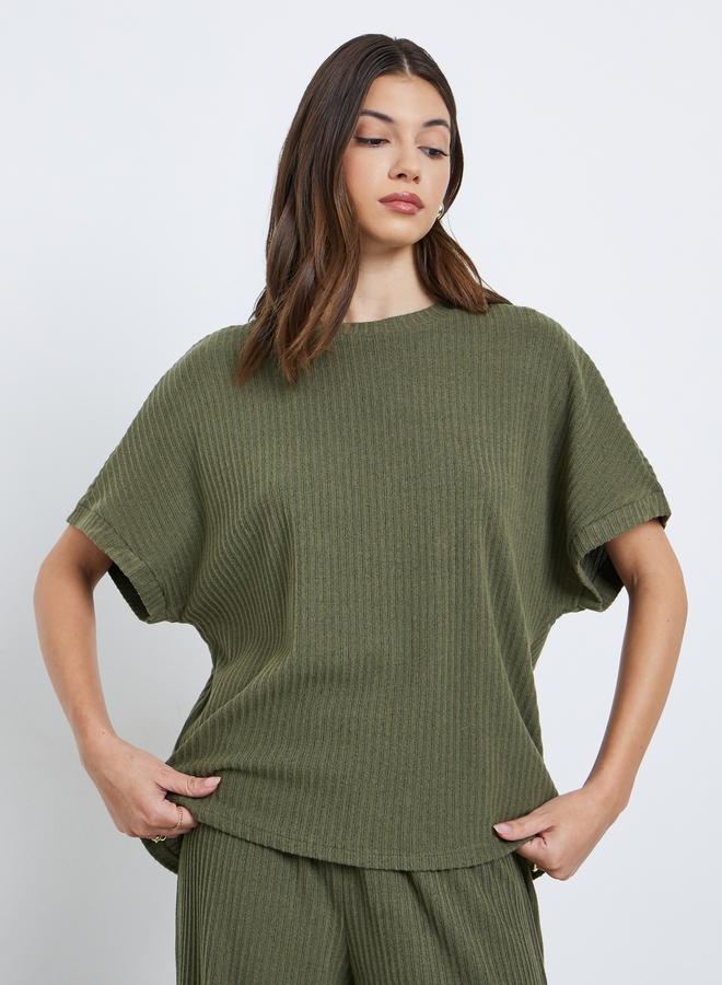 Styli Olive Oversized Ribbed T-Shirt and Pants Co-Ords - Image 2