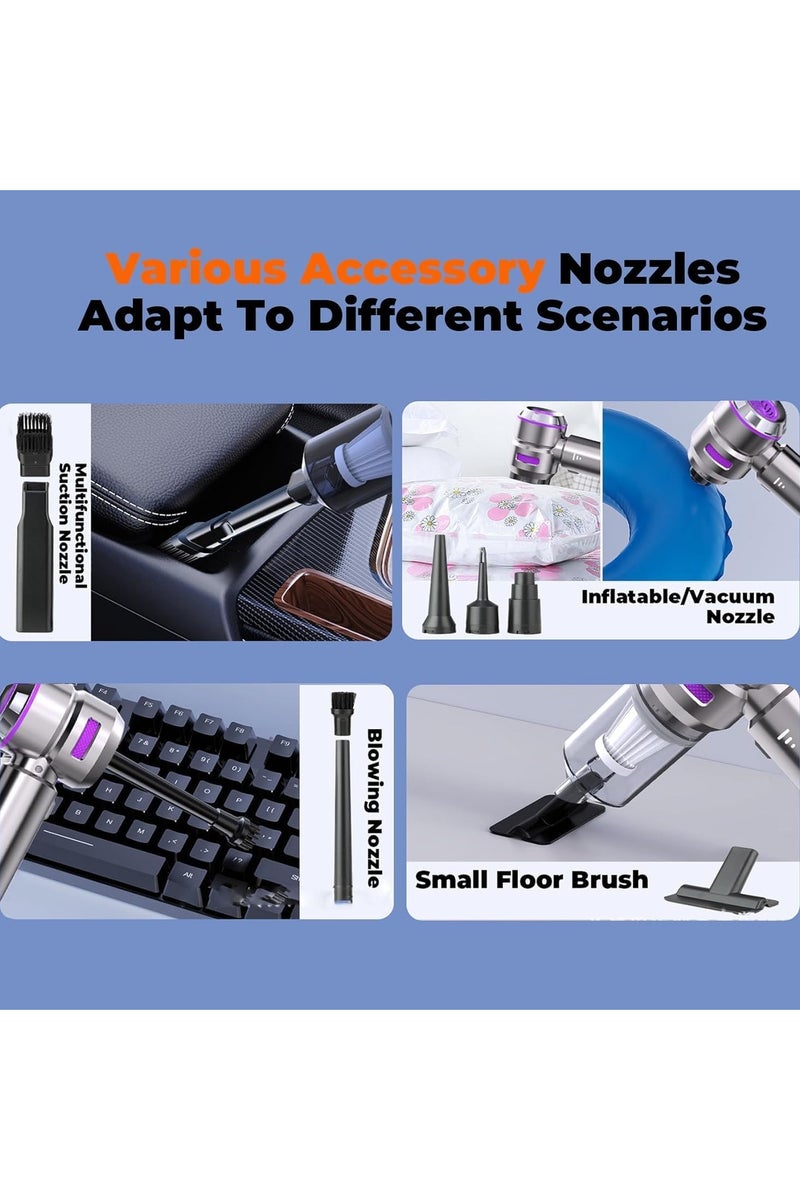 فلوشرينيك مكنسة كهربائية للسيارة، 3 أوضاع للشفط، مكنسة كهربائية لاسلكية صغيرة محمولة لاسلكية، قوة شفط 16000 باسكال، شحن من النوع C، مكنسة كهربائية منزلية محمولة باليد، في السيارة، على المكتب، لوحة المفاتيح (أرجواني فاتح) - Image 5