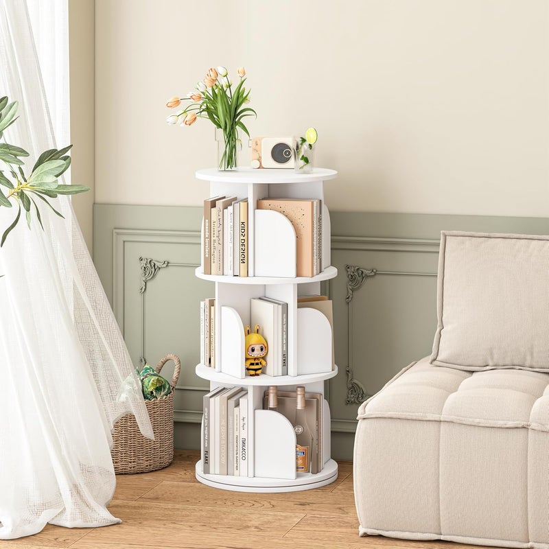 JANTENS Round Rotating Bookshelf,360° Spinning Bookcase Organizer,3 Shelves Corner Standing Display Rack for Home Office, Tall Narrow Bookcase for Small Spaces, Bedroom, Kids Room (White, 96 * 46 * 46cm) - Image 5
