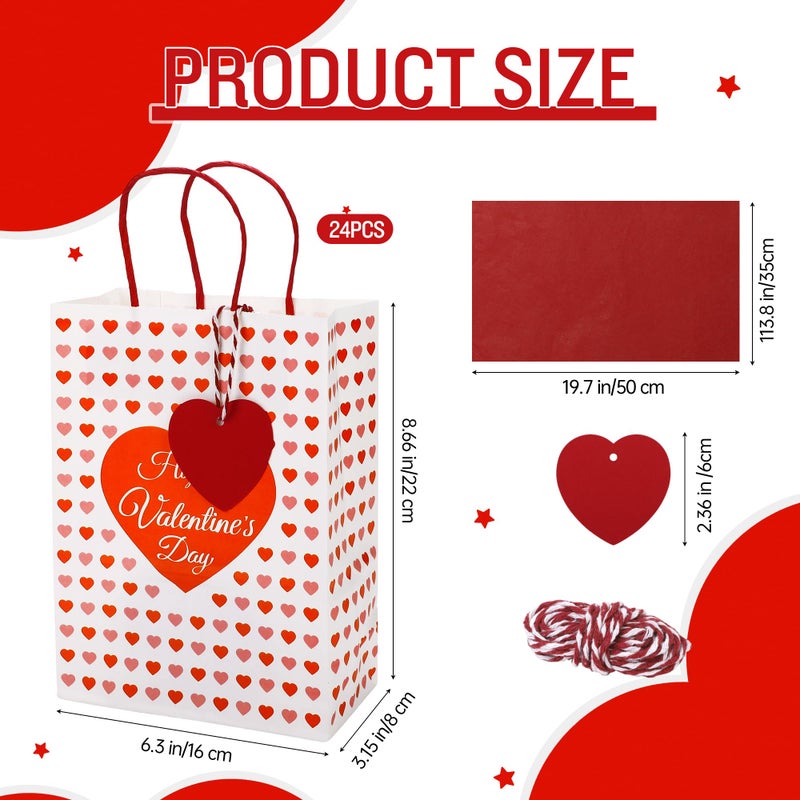 MIMIND 24 Pack Valentine's Day Gift Bags Heart Print Paper Gift Bags with Red Tissue Paper & Heart Tags Valentineâ€™s Day Party Favor Bags for Valentines Wedding Anniversary Bridal Shower Gift Wrapping - Image 2