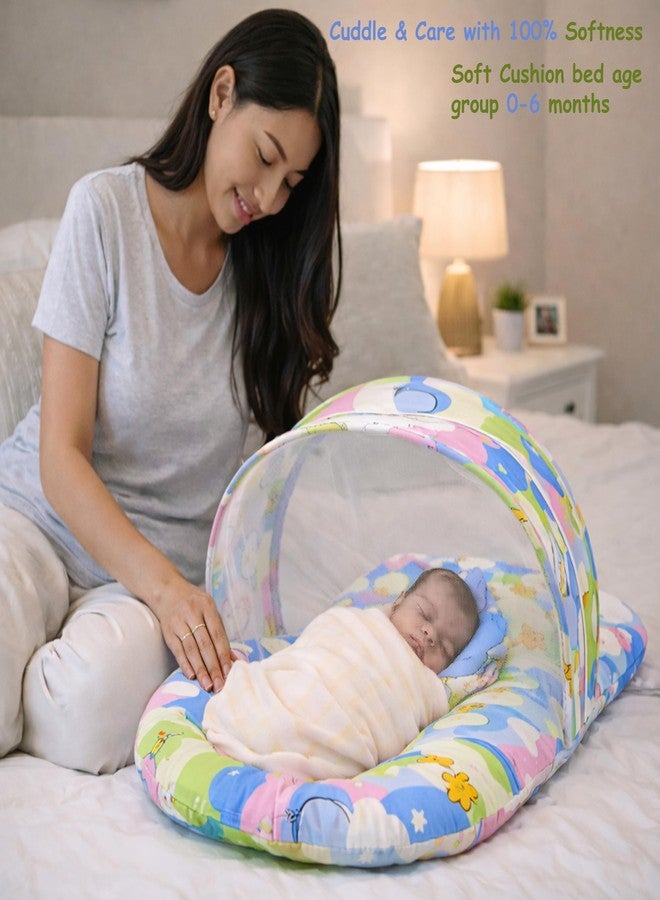 Fareto Combo of Baby Bed with Net | Carry Bag | 4 Pcs Bedding Set (0-6 Months, Baby Size, Cotton) (Blue NEW Star) - Image 2