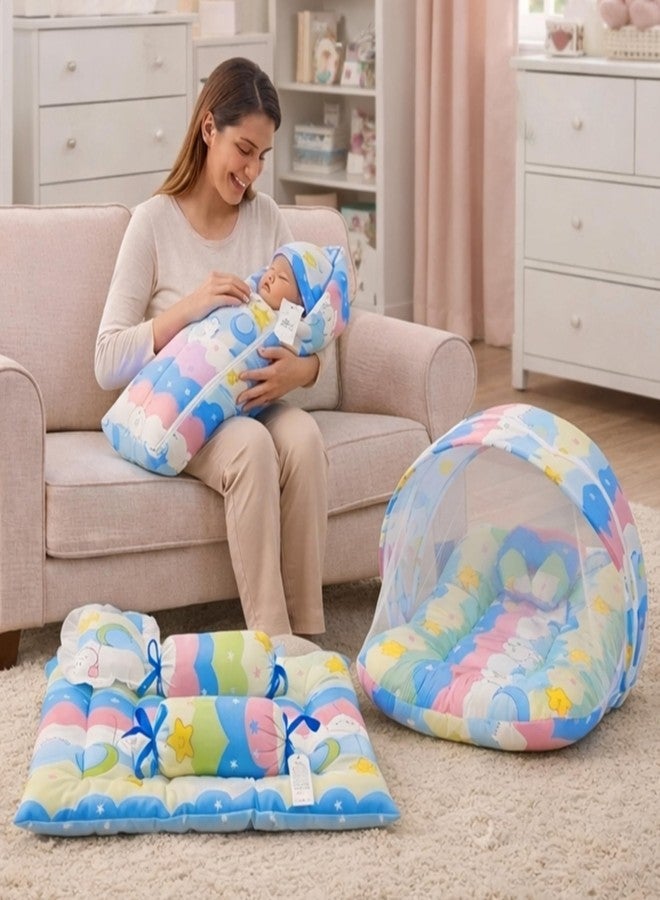 Fareto Combo of Baby Bed with Net | Carry Bag | 4 Pcs Bedding Set (0-6 Months, Baby Size, Cotton) (Blue NEW Star) - Image 1