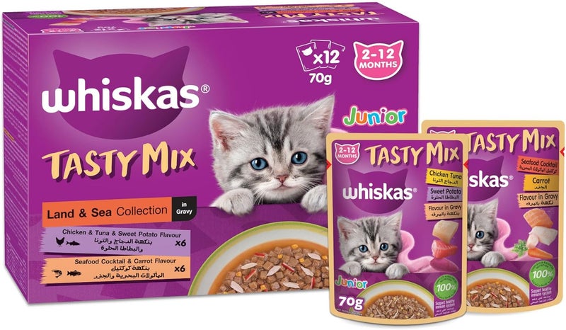 Whiskas Junior Tasty Mix, Land and Sea Collection in Gravy, 12x70g Wet Cat Food for Kittens - Image 1