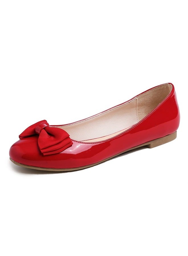 FEVERSOLE Women's Round Toe Cute Bow Trim Ballet Flats Red Patent Size 7 M US