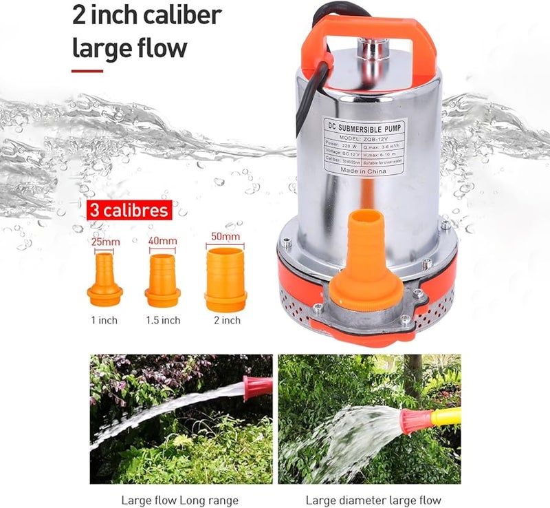 مضخة مياه غاطسة بقدرة 220 واط بجهد 12 فولت تيار مستمر، مصنوعة من الفولاذ المقاوم للصدأ، ذات رفع عالي وقوية التحمل للبرك وحمامات السباحة وتربية الأحياء المائية - Image 3