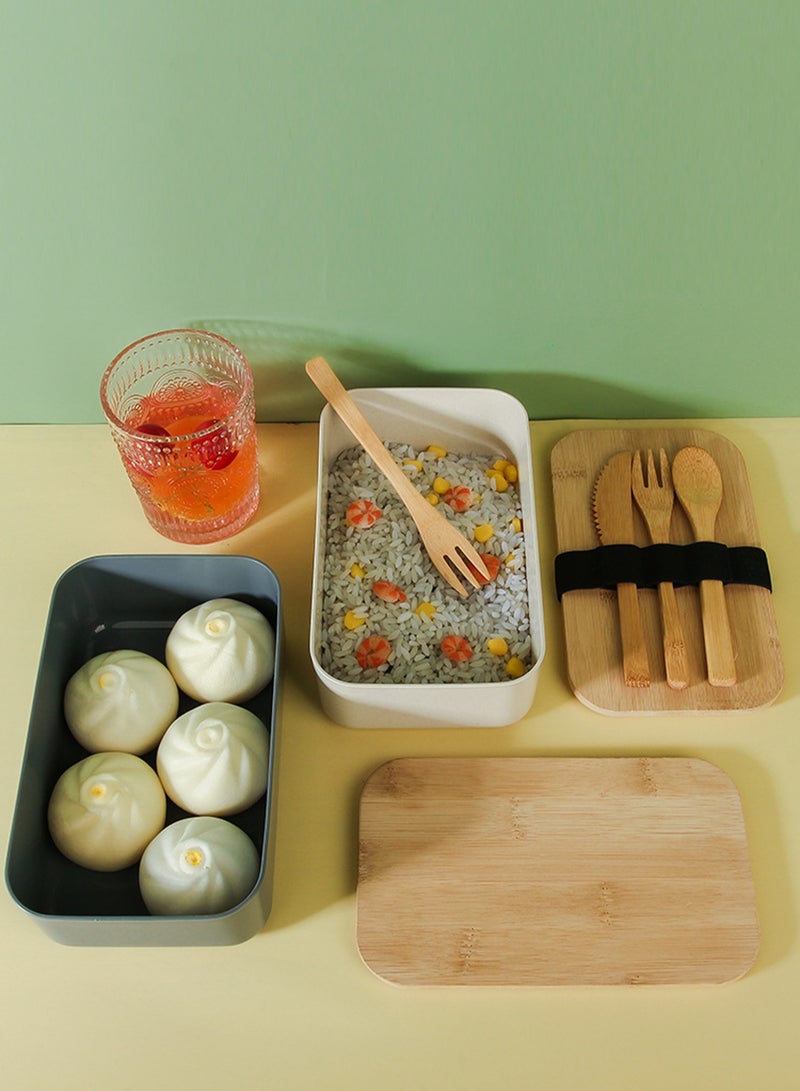 Two-Piece Lunch Container Wheat Straw With Cutlery (Gray + White) - Image 3