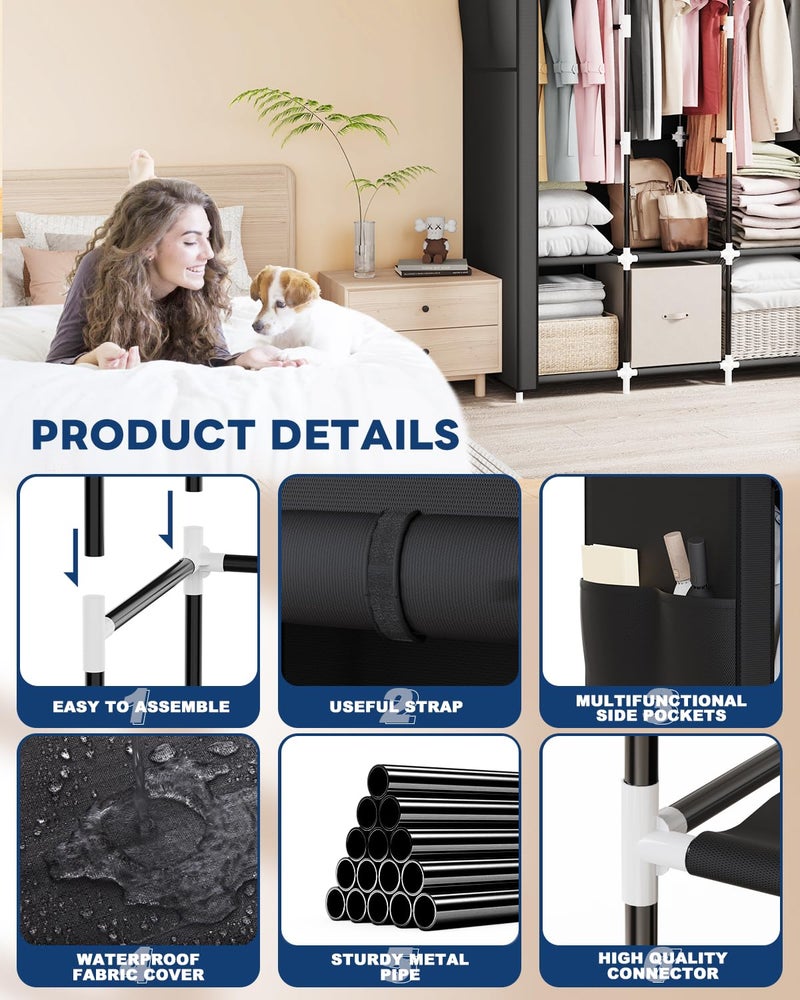 Mavivegue Portable Closet, 50 Inch Wardrobe Closet, Portable Closets for Hanging Clothes with 3 Hanging Rods and 6 Storage Shelves for Bedroom, Black - Image 3