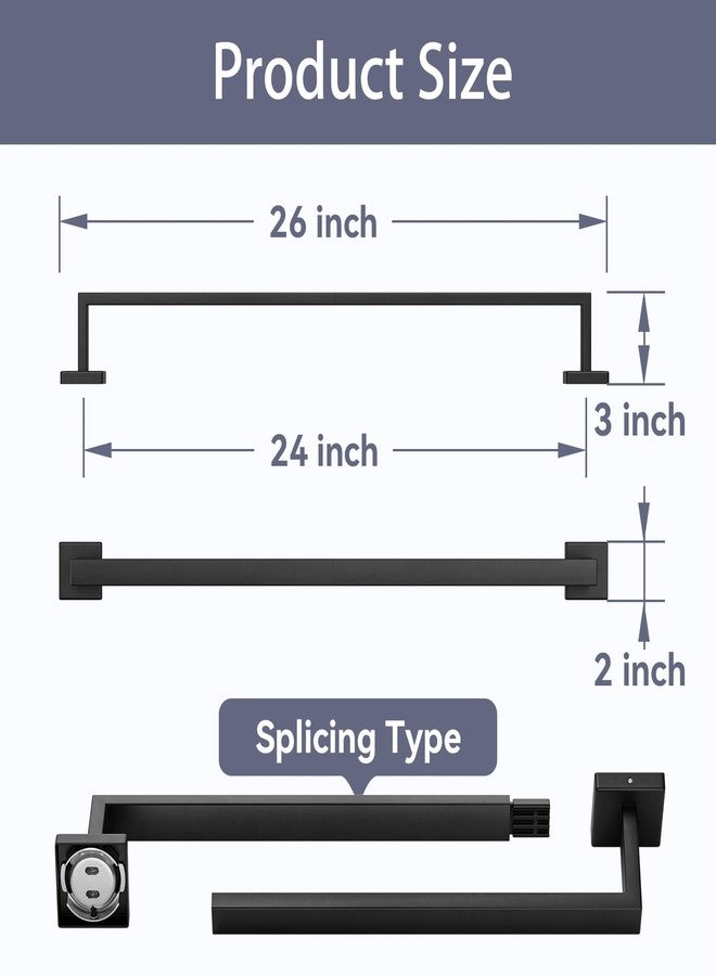 Bubxo Matte Black Towel Bar, 24 Inch Bathroom Towel Rack, Towel Holder Wall Mounted, Square Base Thicken SUS304 Stainless Steel Towel Rod Modern Home Decor (Total Length 26-Inch) - Image 2