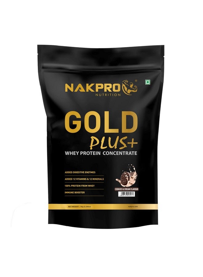 NAKPRO Gold Plus+ Whey Protein Concentrate with Digestive Enzymes | 25.46g Protein, 5.57g BCAA | Added Vitamins & Minerals (1 Kg, Cookies & Cream) - Image 1