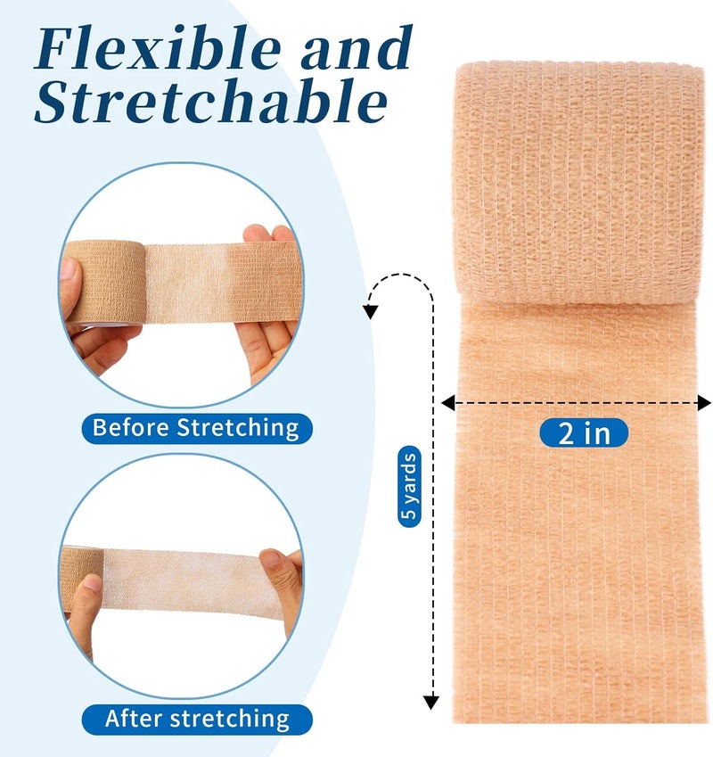 Frontline 24 Pack Self Adhesive Bandage Wrap 2 x 5 Yards Athletic Tape Vet Wrap Tattoo Supplies Wrap Medical Supplies Elastic Cohesive Bandage Wrist Ankle Sports Tape Beige - Image 4